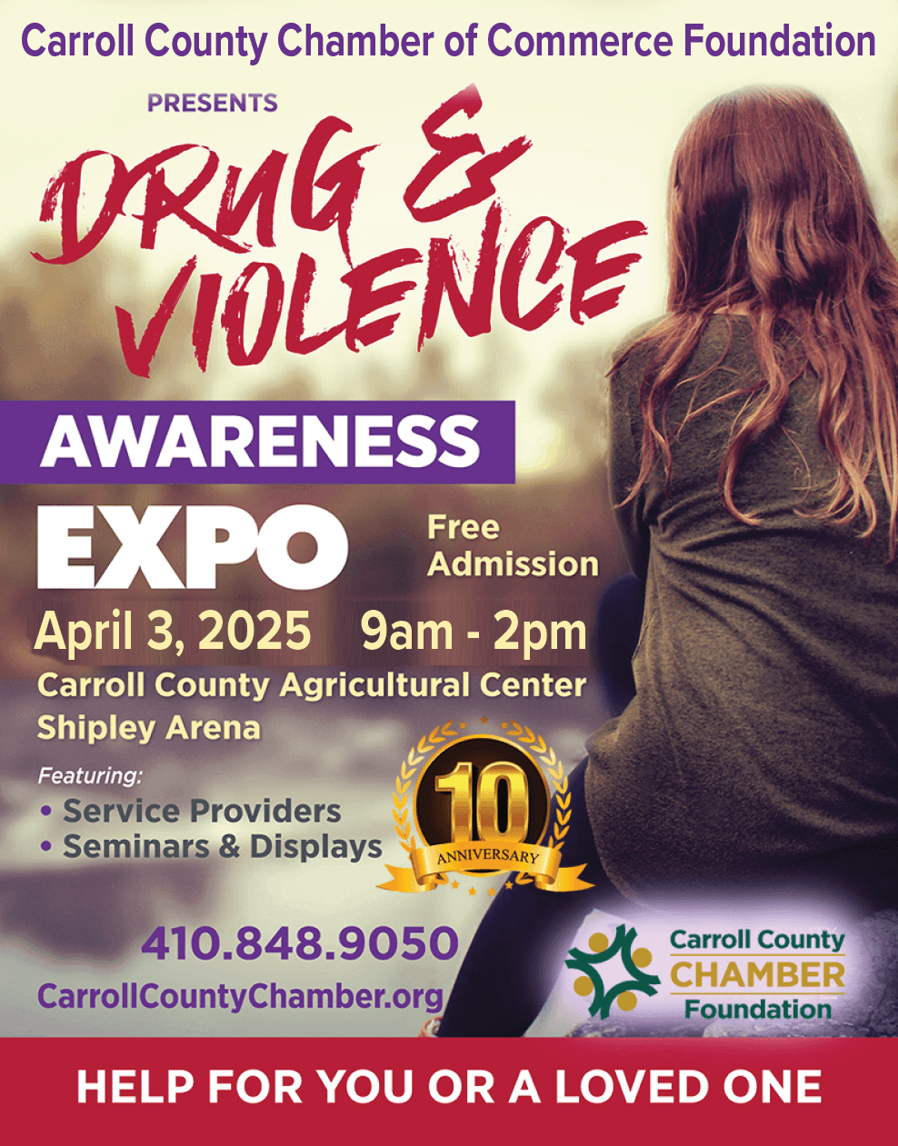 Back of female on the Carroll County Presents 10th Annual Drug & Violence Awareness Expo Free Admission Banner